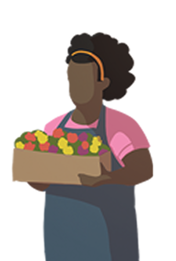 Illustration of a woman in an apron holding a box of flowers.