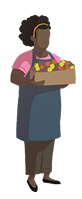 Illustration of a woman in an apron holding a box of flowers.