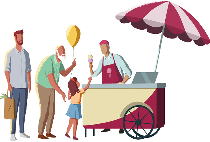 Illustration of an ice cream cart and vendor who is handing an ice cream cone to a young girl and her grandfather.